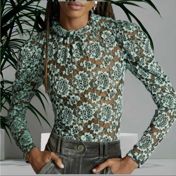 NWT ANTHROPOLOGIE Dolan Mint Green Lace long sleeve top - Picture 4 of 8